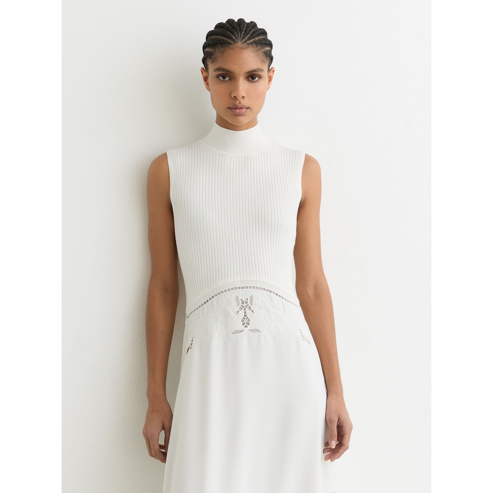 Reiss Phoenix Knit Woven Midi Dress Ivory Broderie Anglaise Cutwork Hem NWT Sz 2 - Picture 2 of 9